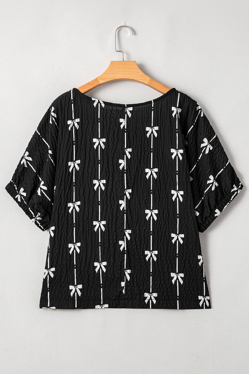 Adorable  Bow Print Puff Short Sleeve Top