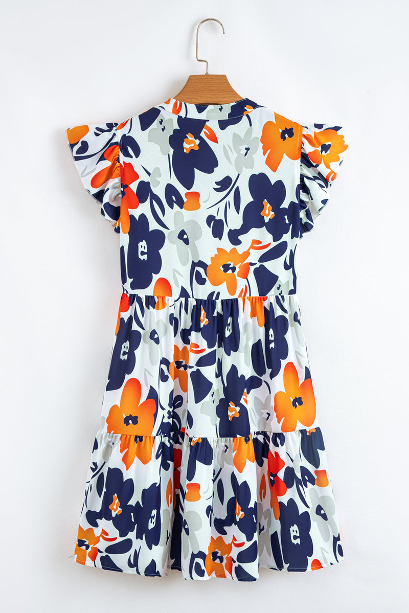 Floral Print Notched Neck Flutter Sleeve Mini Dress