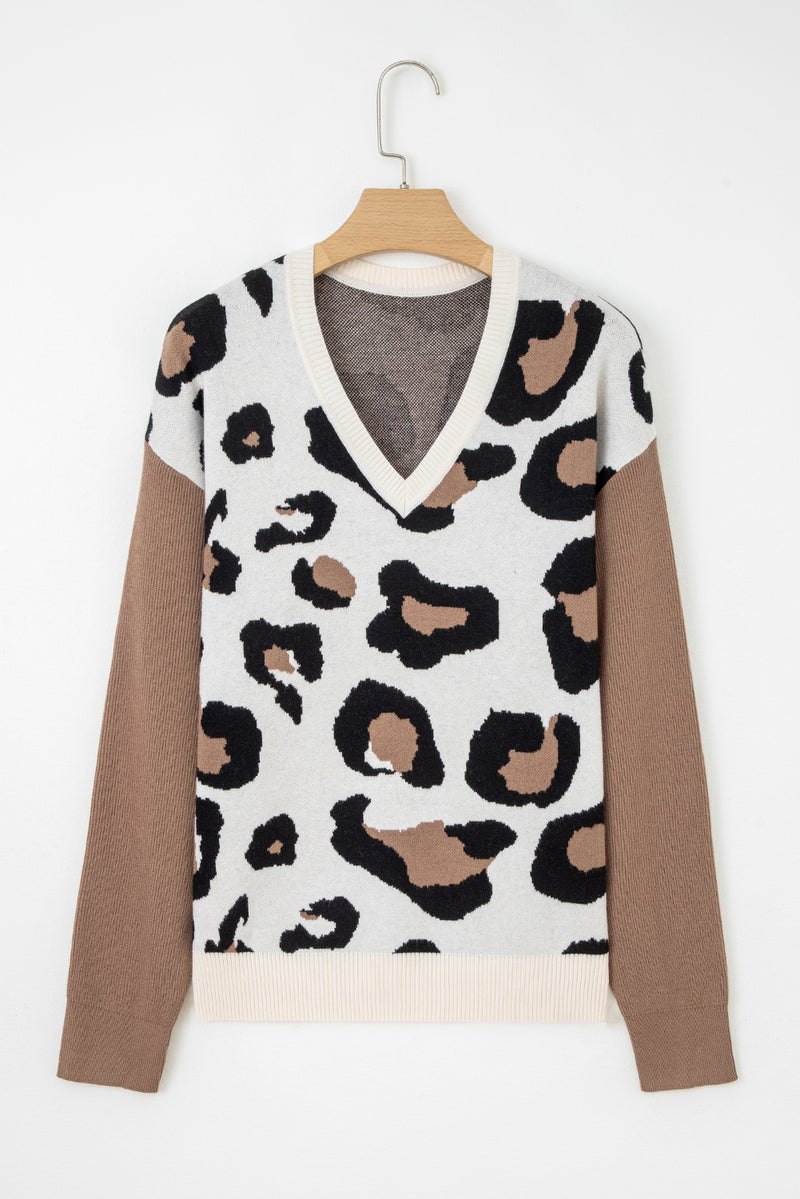 Beige Leopard Print Color Block Patchwork Sleeve V Neck Sweater