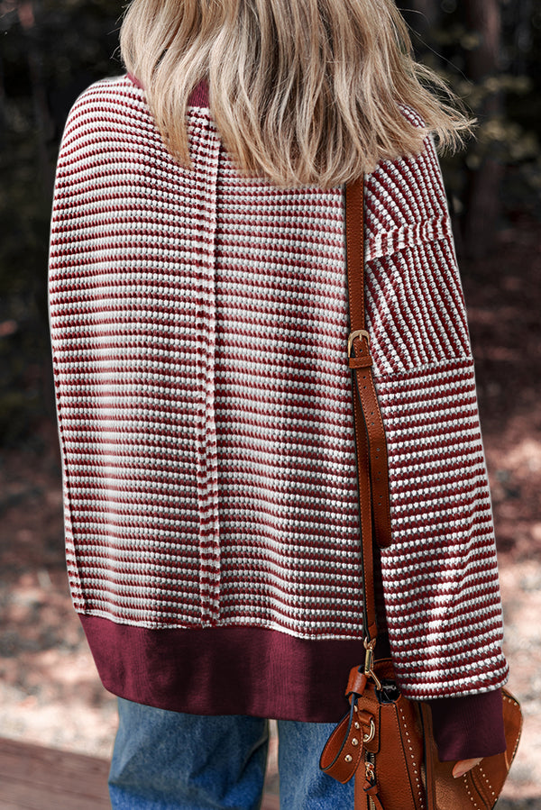Stripe Ribbed Trim Drop Shoulder Long Sleeve Oversize Top