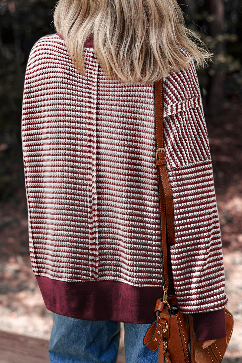 Stripe Ribbed Trim Drop Shoulder Long Sleeve Oversize Top
