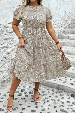 Plus Size Leopard Print Frill Trim Short Sleeve Flared Dress