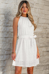 Lace Sleeveless Knot Hollow Out Back Tied Waist Mini Dress