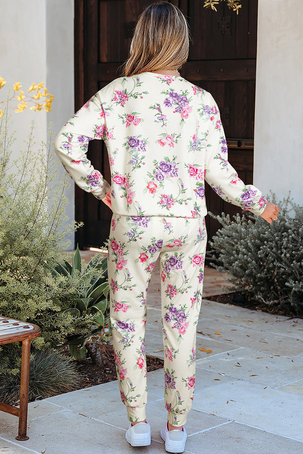 Floral Print Pullover Drawstring Lounge Pants Set