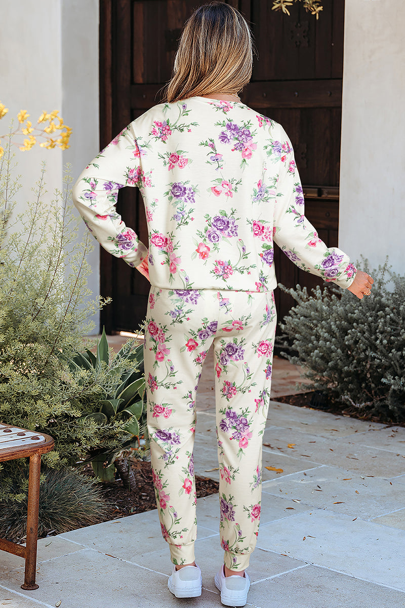 Floral Print Pullover Drawstring Lounge Pants Set