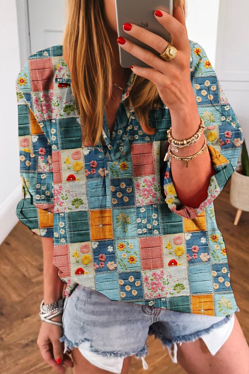Multicolour Floral Collared V Neck Roll up Sleeve Shift Blouse