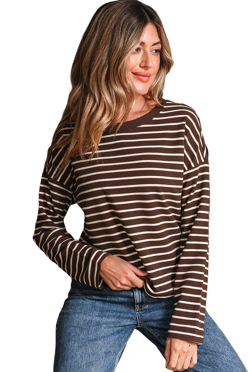 Stripe Ribbed Cropped Crew Neck Long Sleeve T Shirt