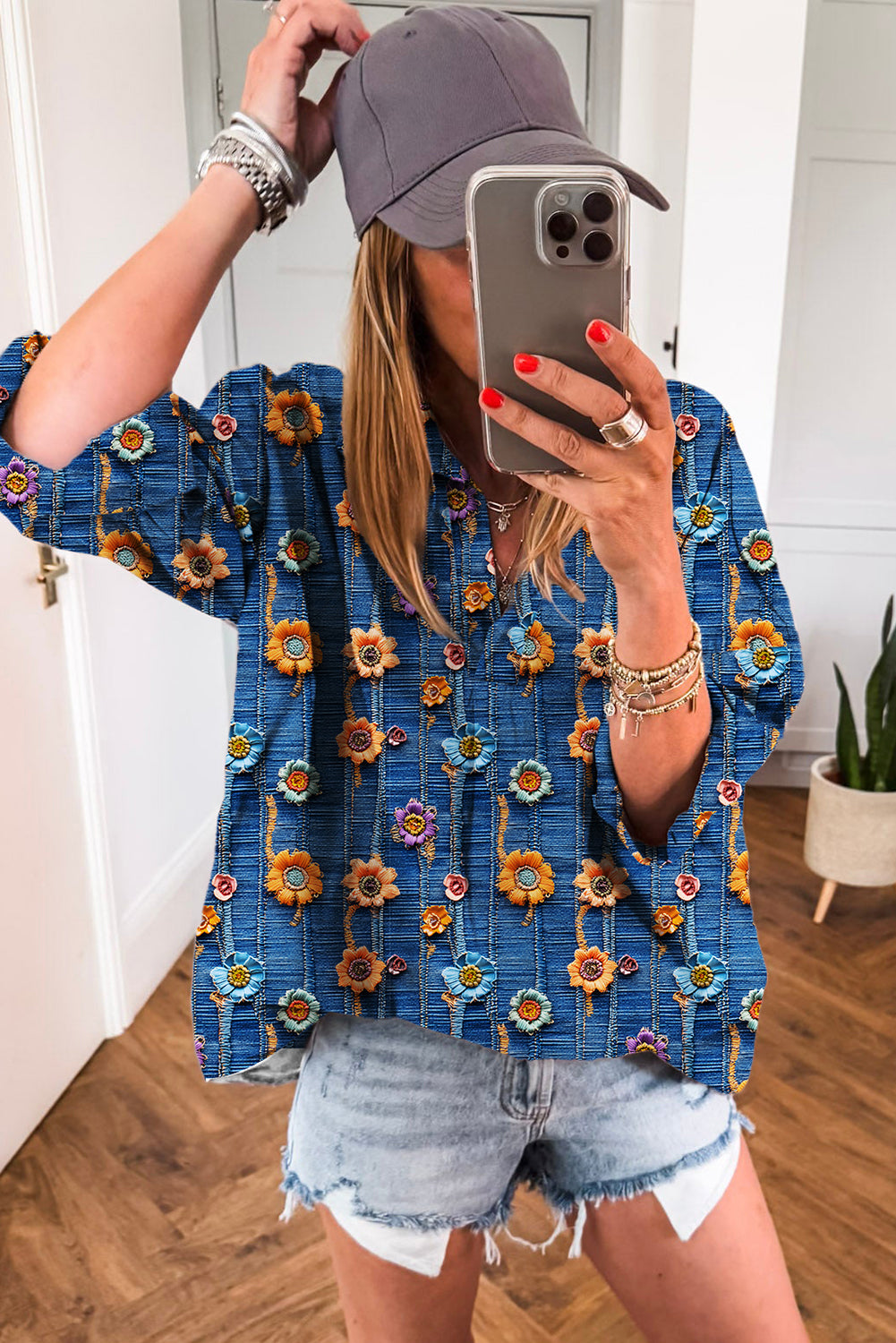 Floral Collared V Neck Roll up Sleeve Shift Blouse