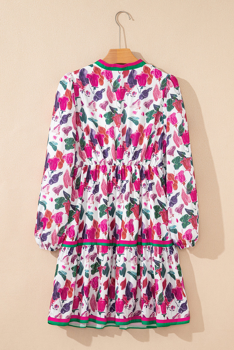 Floral Print Contrast Striped Detail Long Sleeve Mini Dress