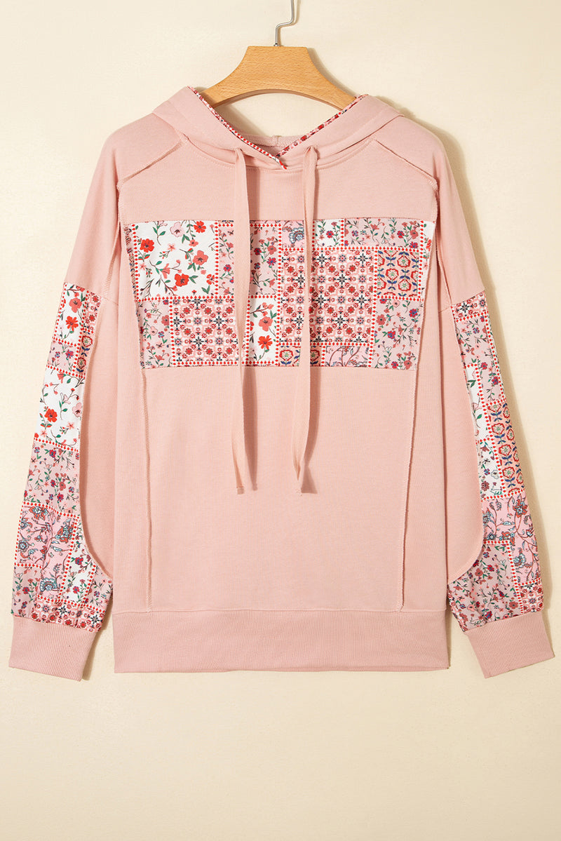 Mix Floral Patchwork Side Slit Drawstring Hoodie