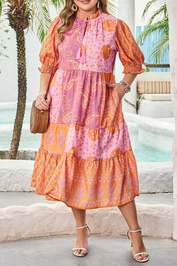 Boho Paisley Floral Mixed Patchwork Tassel Tie Plus Size Midi Dress