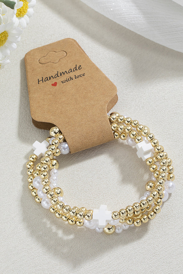 Cross Pearl Decor Beaded Elastic Multi Layered Bracelet
