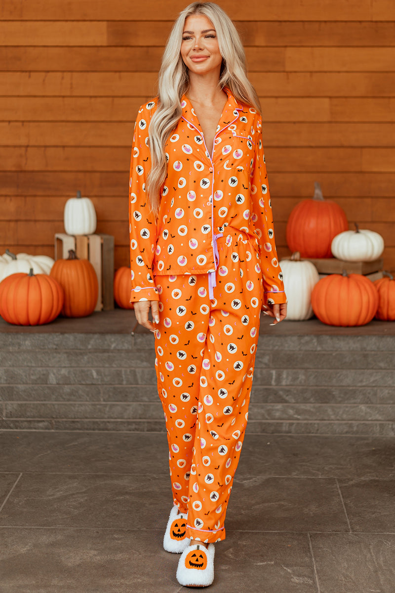 Halloween Print Lapel Shirt Long 2pcs Pajama Set