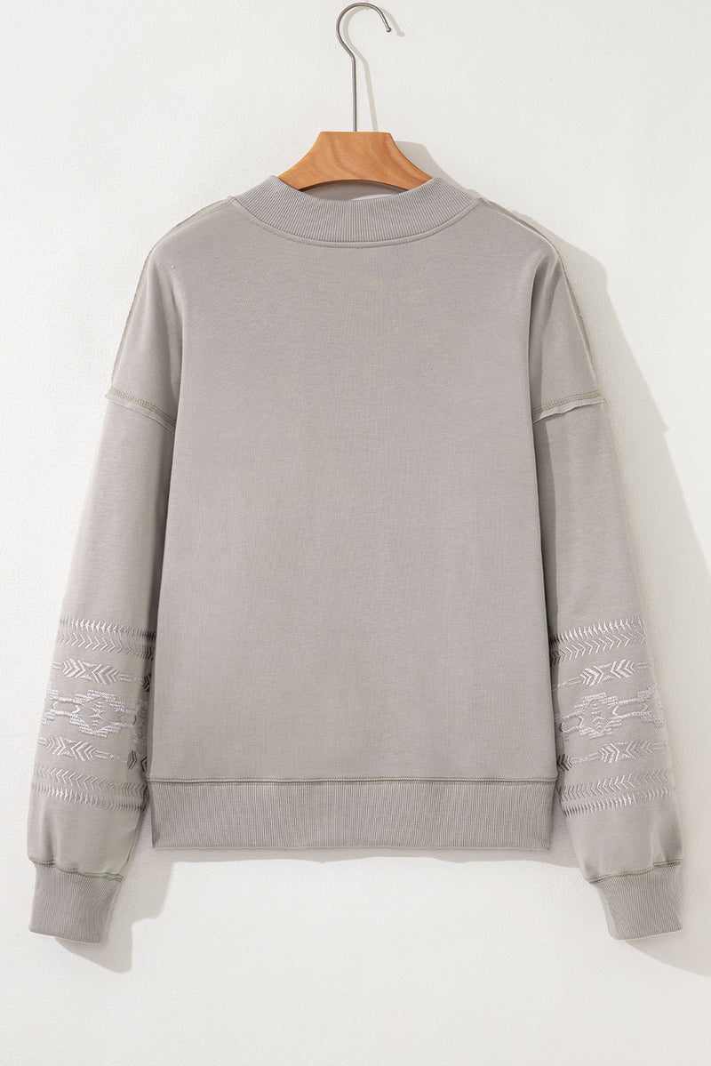 Beige Aztec Embroidered Western V Neck Sweatshirt