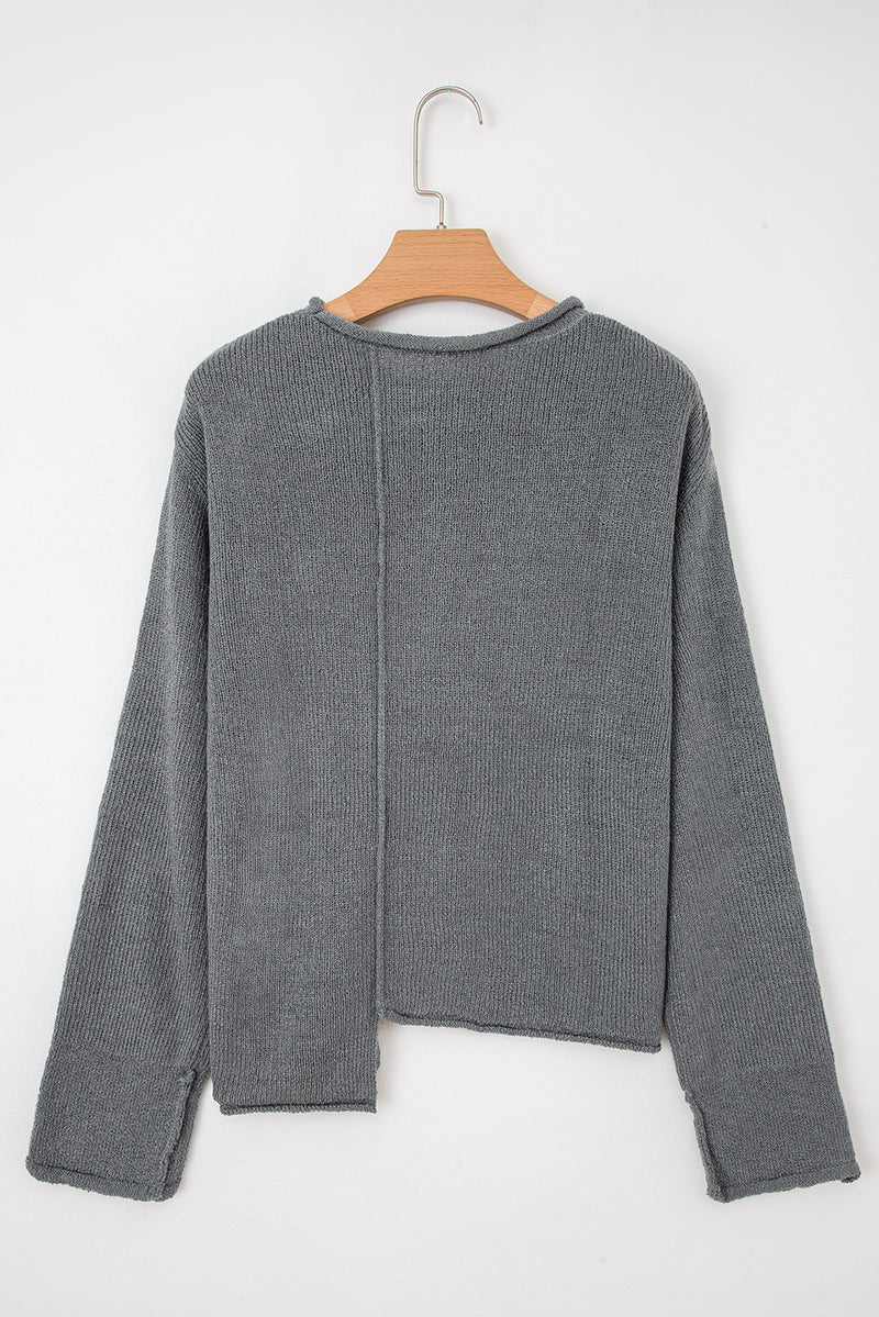 Medium Raw Edge Uneven Hem Patchwork Drop Shoulder Sweater