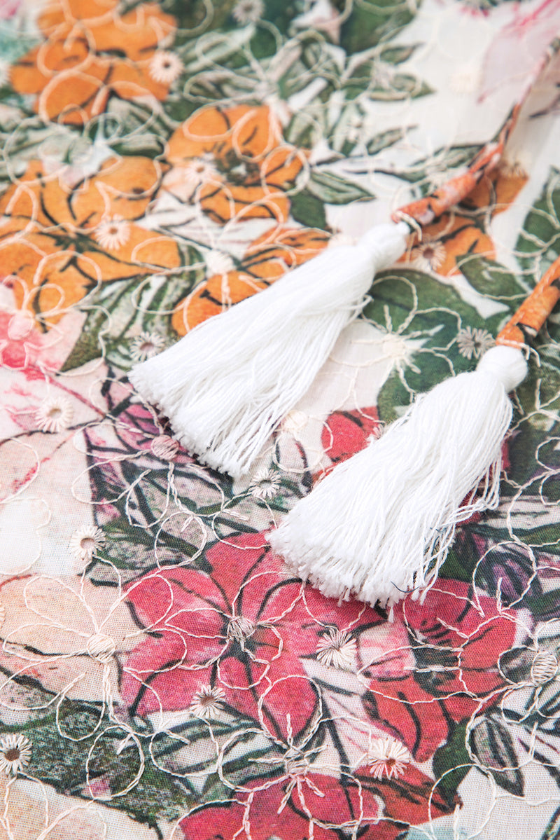 Floral Print Lace Embroidery Tie Split Neck Long Sleeve Blouse