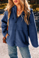 Fleece Zip Up Drawstring Hooded Pocketed Jacket