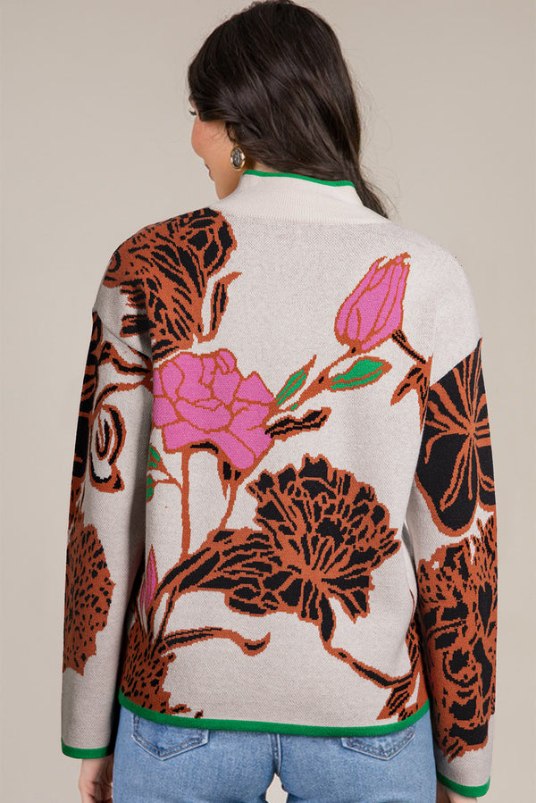 Floral Pattern Knit Quarter Zip Stand Neck Sweater