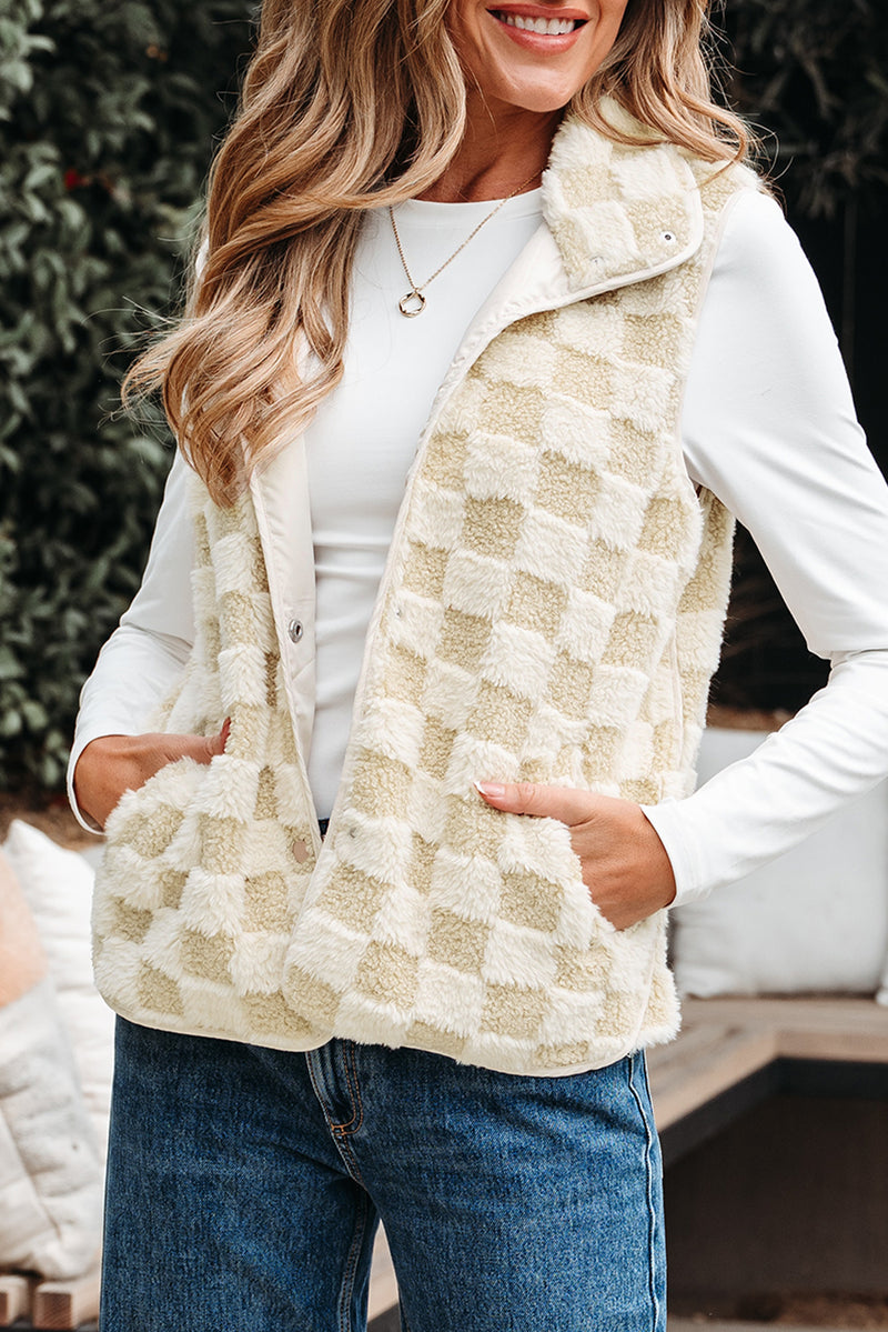 Sherpa Checkerboard Snap Button Vest Jacket With Pocket