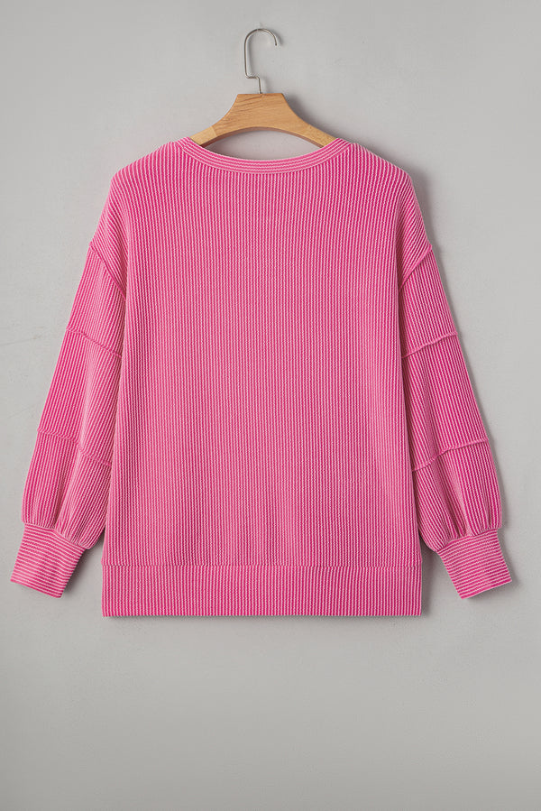Spiral Ribbed Exposed Seam Detail Plus Size Long Sleeve Top