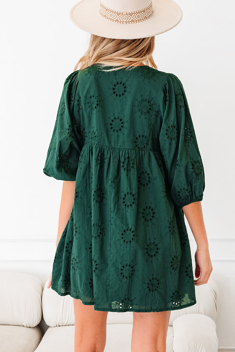 Embroidered Eyelet Pattern 3/4 Puffy Sleeve Swing Mini Dress