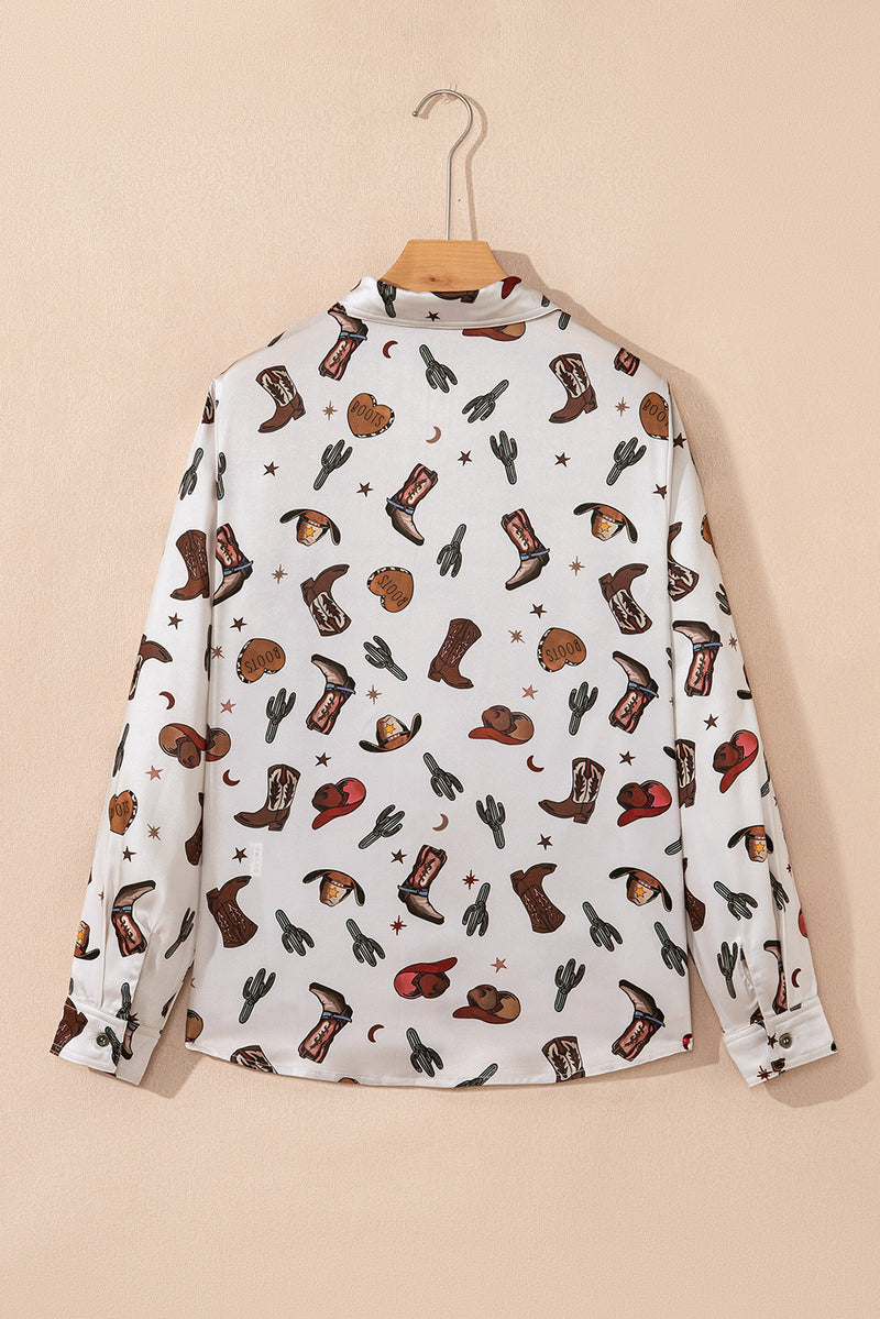 Western Fashion Print Button Up Casual Shirt