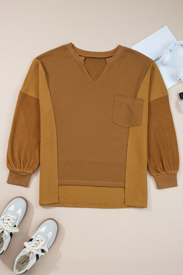 Oversized Mixed Textured Split Neck High Low Patchwork Sweatshirt