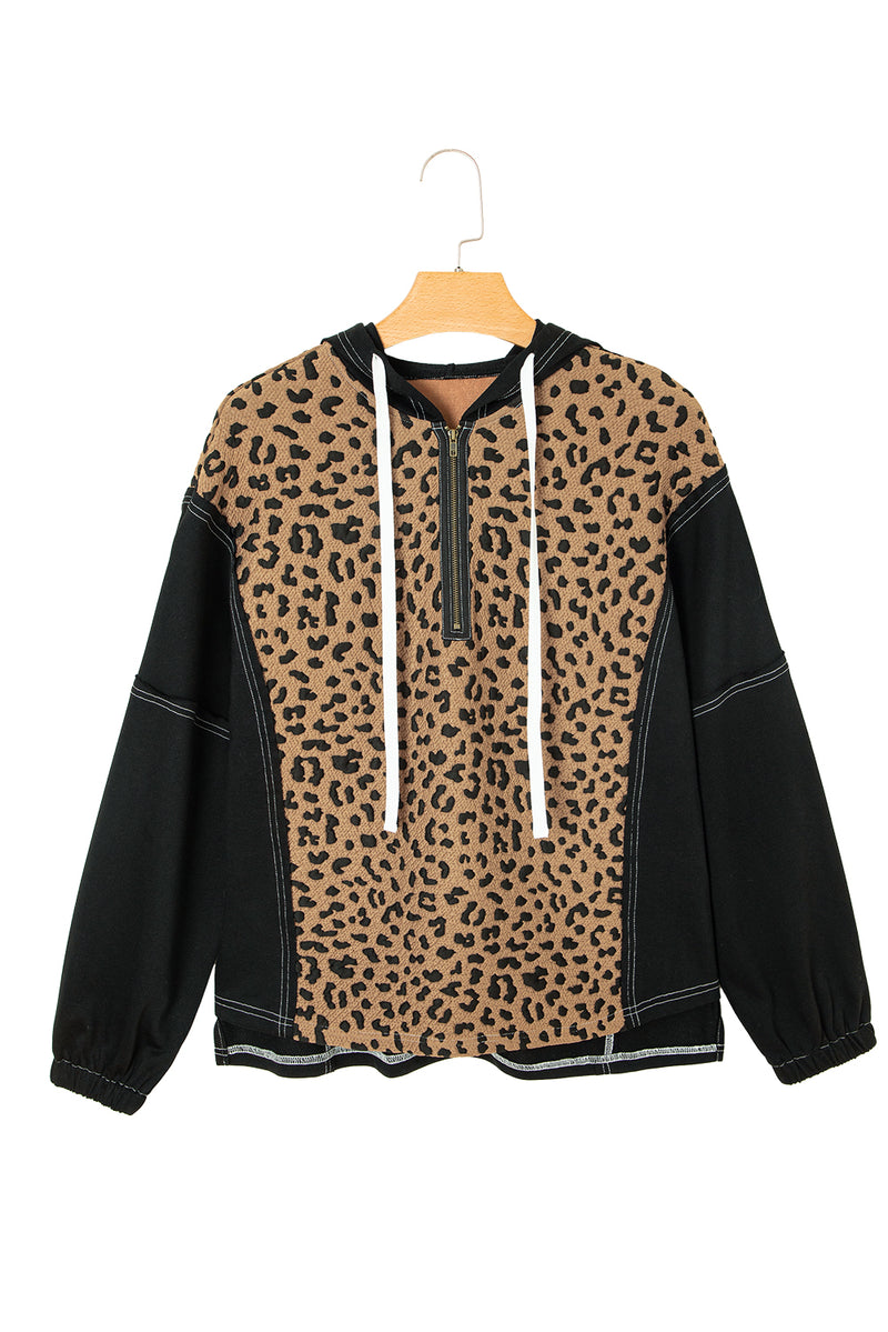 Leopard Patchwork Contrast Stitching Knotted Cuff Quarter Zip Hoodie