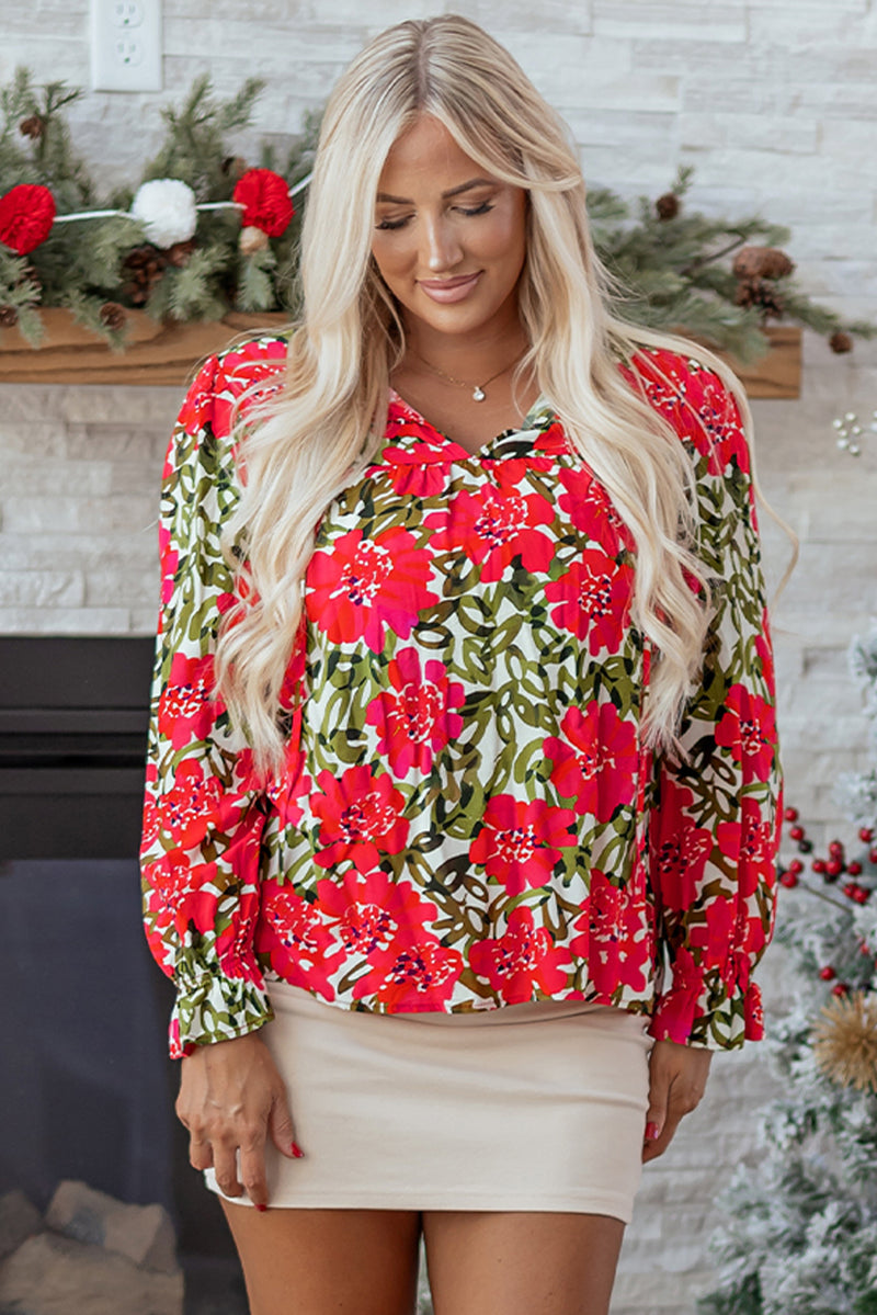 Floral Print Lace up V Neck Flounce Sleeve Blouse