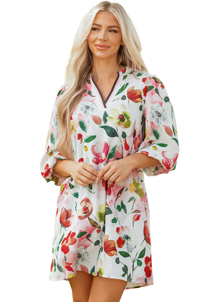 Floral Contrast Striped V Neck Puff Half Sleeve Shift Dress
