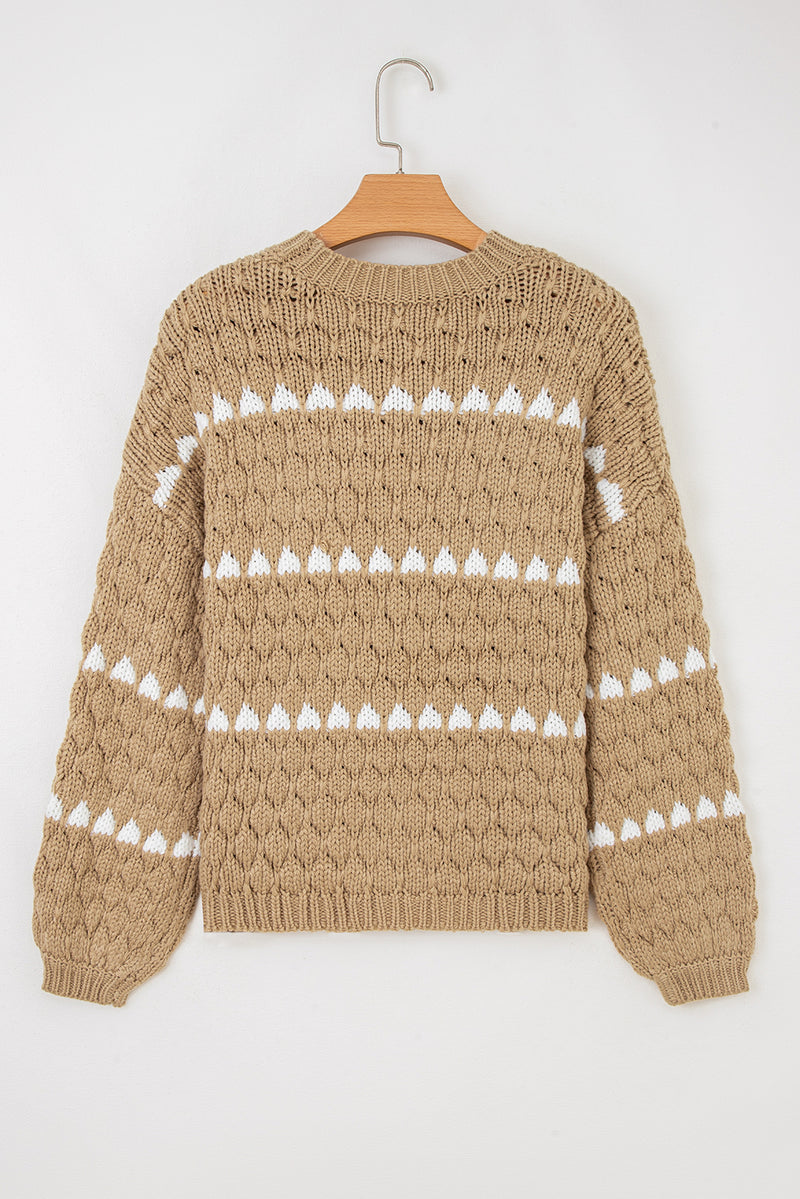 Contrast Detail Textured Knit Puff Sleeve Baggy Sweater