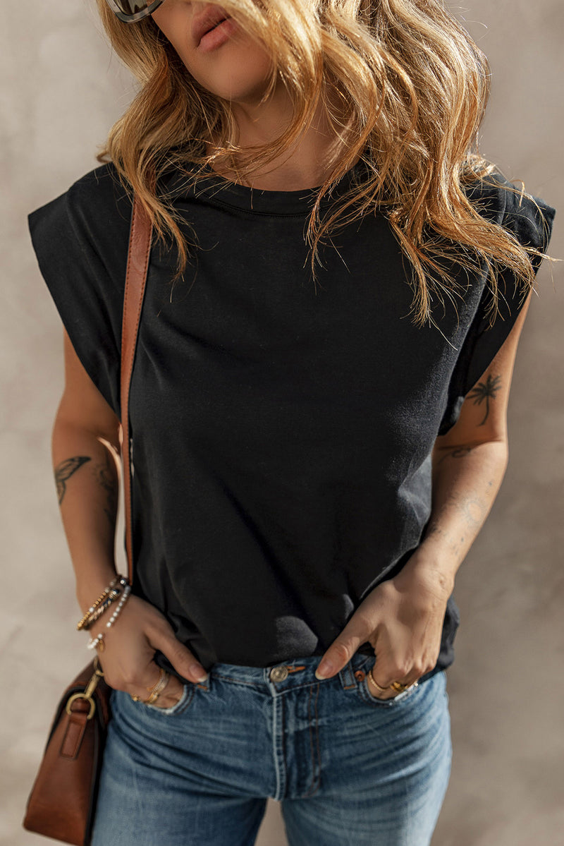 Solid Cuffed Armhole Loose Tank Top
