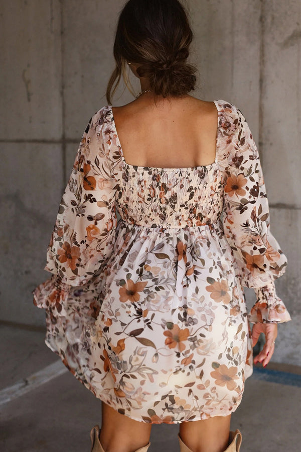 Floral Print Sweetheart Neck Long Sleeve High Waist Mini Dress