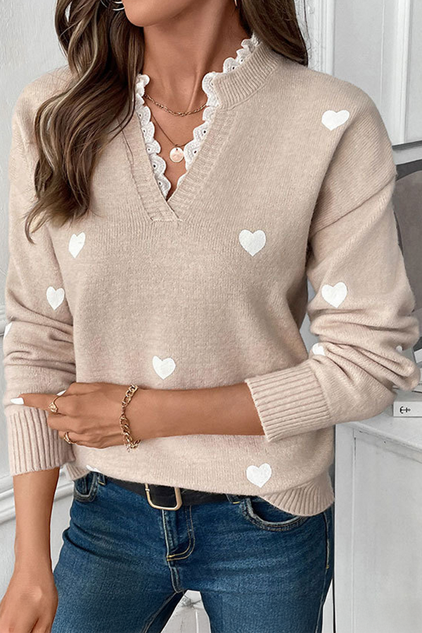 Heart Print Lace Splicing V Neck Valentines Sweater