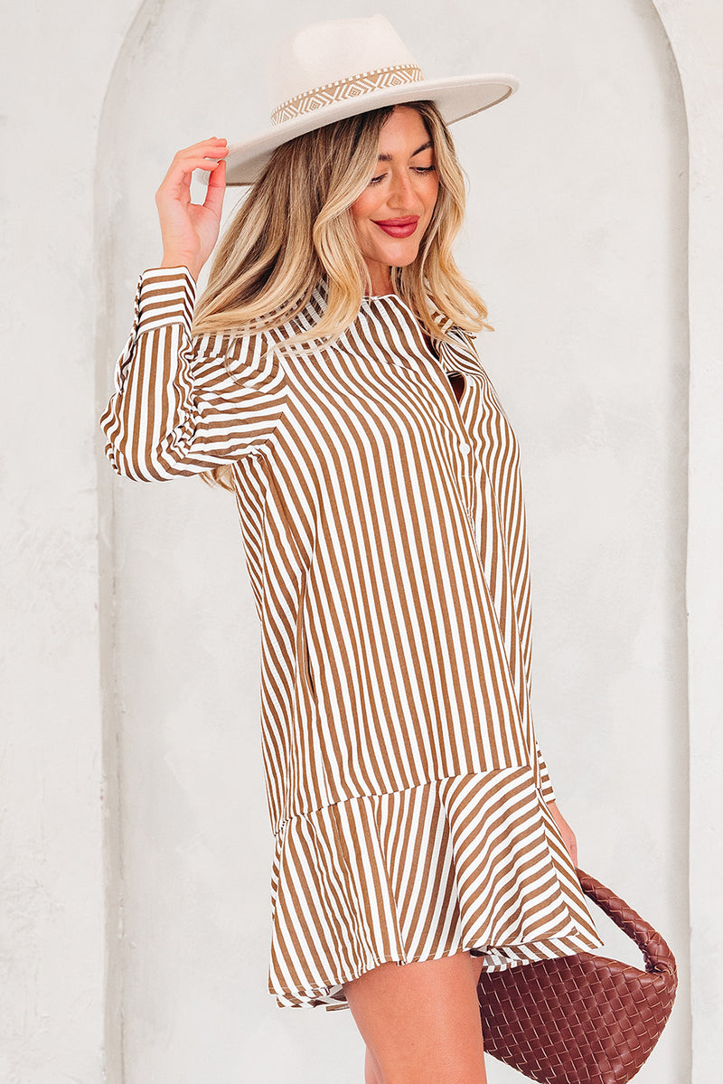 Stripe Ruffled Hem Collared Long Sleeve Shirt Mini Dress