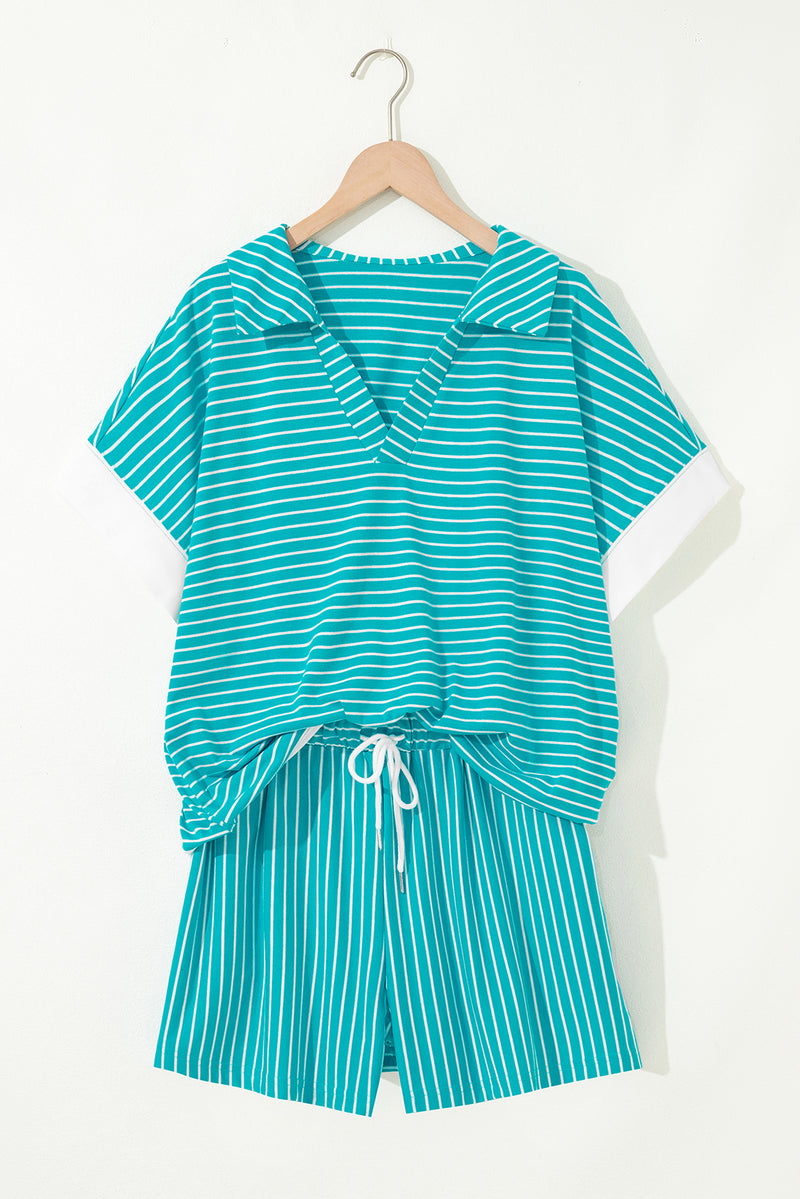 Stripe V Neck Tee and Casual Short Set