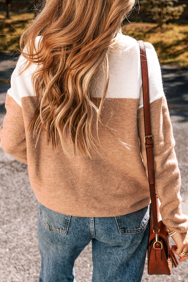 Straw Colorblock Ribbed Trim Round Neck Sweater