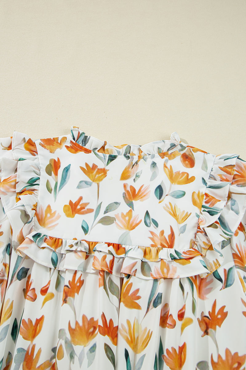 Floral Print Tie Neck Frilled Detail Long Sleeve Mini Dress