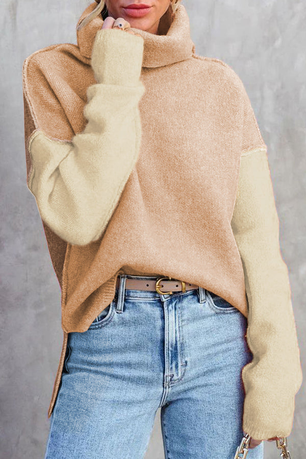 Color Block Turtle Neck Drop Shoulder Knit Sweater