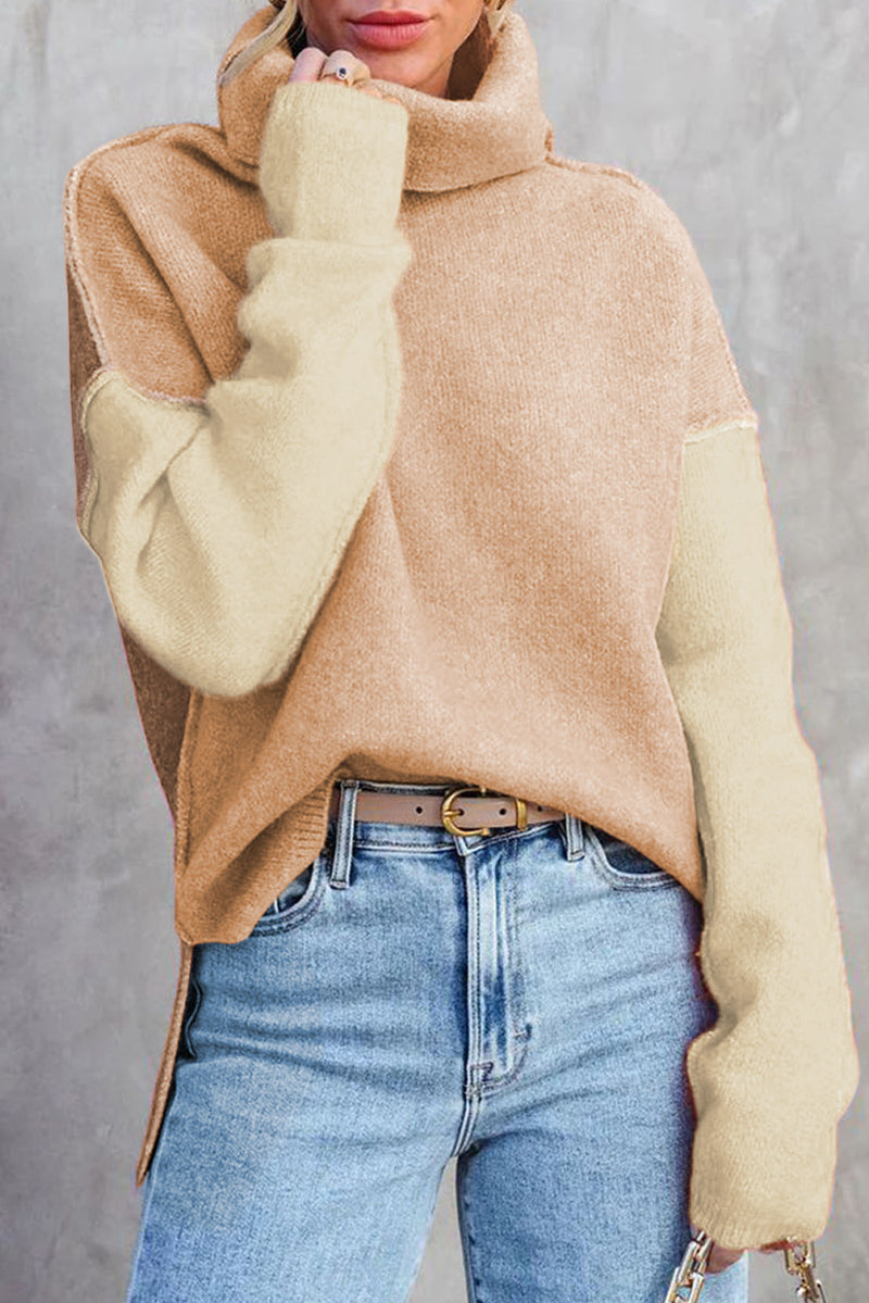 Color Block Turtle Neck Drop Shoulder Knit Sweater