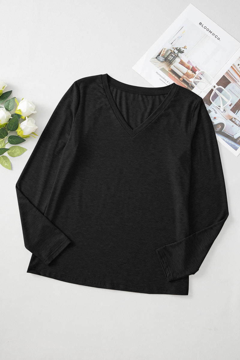 Solid Color V Neck Long Sleeve Stretchy Top