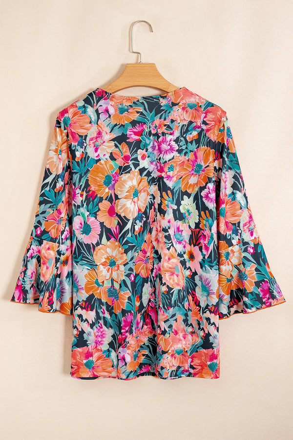 Floral 3/4 Flare Sleeve Tied V Neck Blouse
