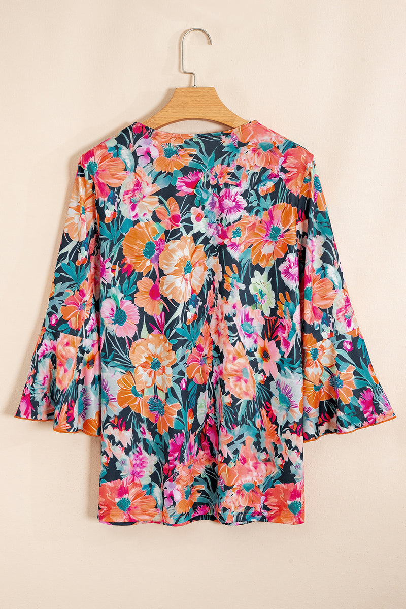 Floral 3/4 Flare Sleeve Tied V Neck Blouse
