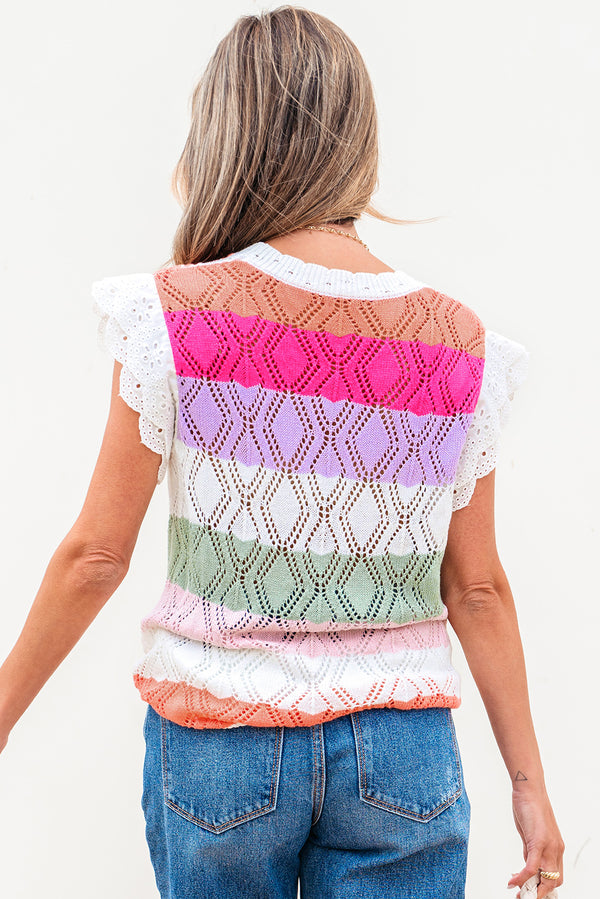 Stripe Colorblock Hollowed Knit Scallop Edge Sweater Vest