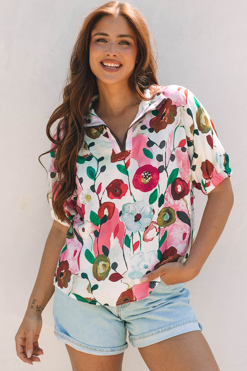 Floral Print Slit V Neck Short Sleeve Blouse