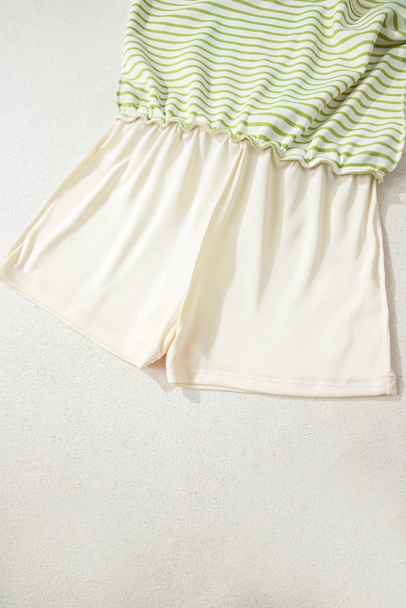 Green Stripe Collared V Neck Drop Shoulder Pullover and Skort 2pcs Outfit