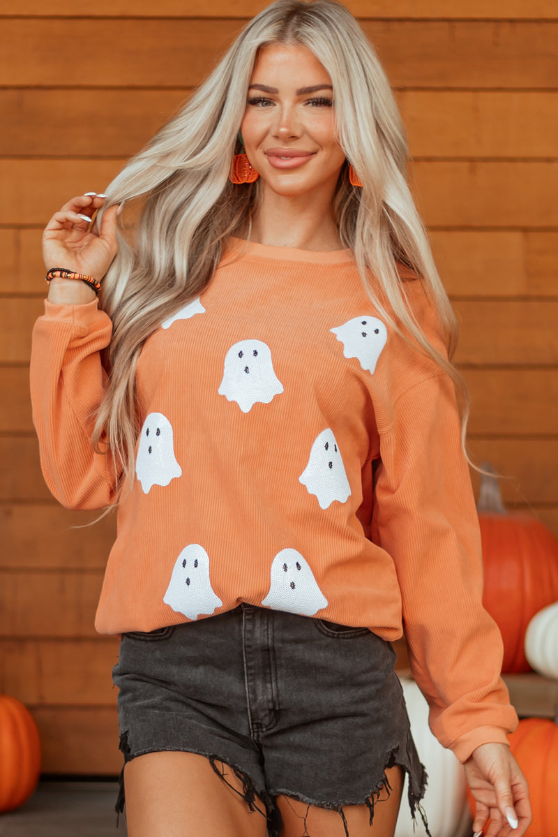 Twisted Ribbed Texture Halloween Ghost Sequin Patched Sweatshirt