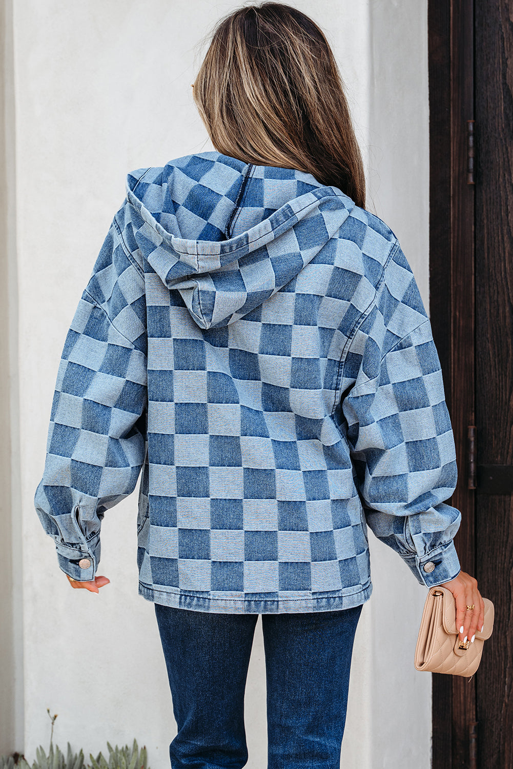 Checkerboard Zipped Neck Kangaroo Pocket Denim Hoodie