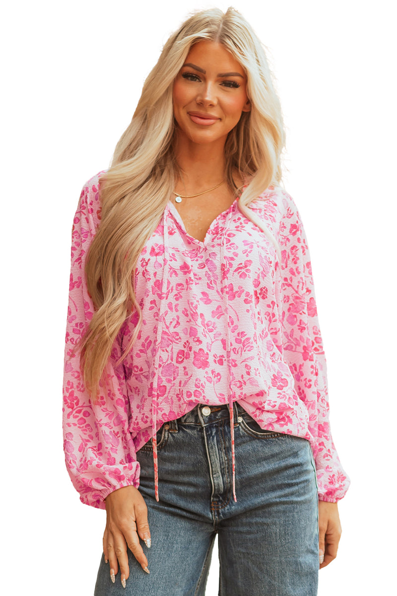 Floral Puff Sleeve Split Neck Lightweight Blouse