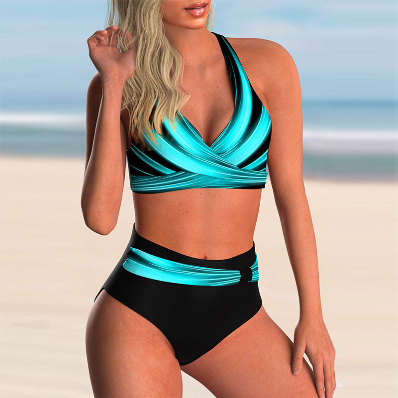 Spring And Summer New Swimwear Spot Sexy Split Color Matching High Waist Swimsuit Bikini
